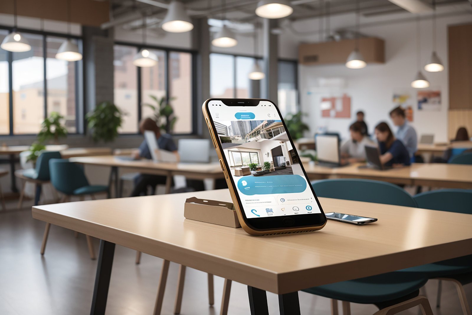 a landscape mockup of a smartphone in a coworking space emphasizing customization options for business and collaboration apps